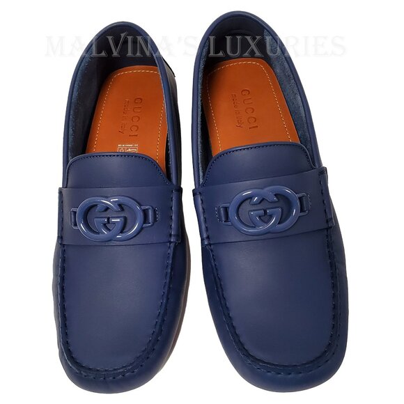 GUCCI SHOES MENS LOAFERS MOCCASINS G LOGO BLUE LEATHER - Picture 4 of 16